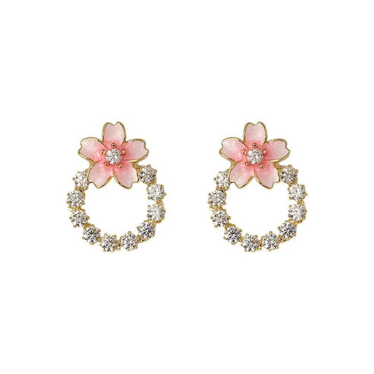 peach colour round crystal korean earring